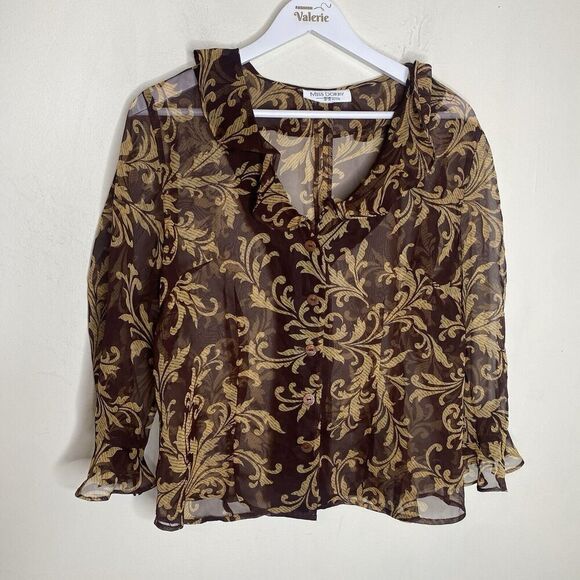 Miss Dorby Petite Brown Sheer Ruffle Blouse Top Size Medium Petite - Picture 2 of 12